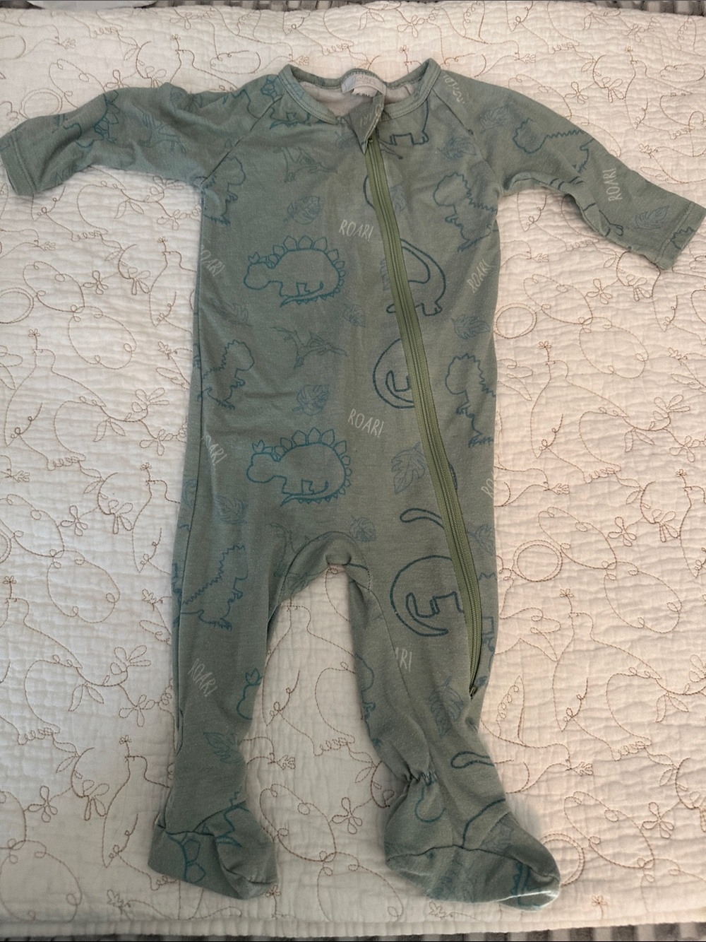 Kids One-Piece Footed Sleeper in Sage Green with Dinosaur Print